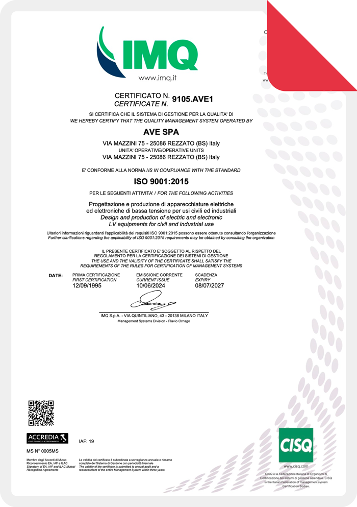 Certificazione ISO 9001 2015 AVE